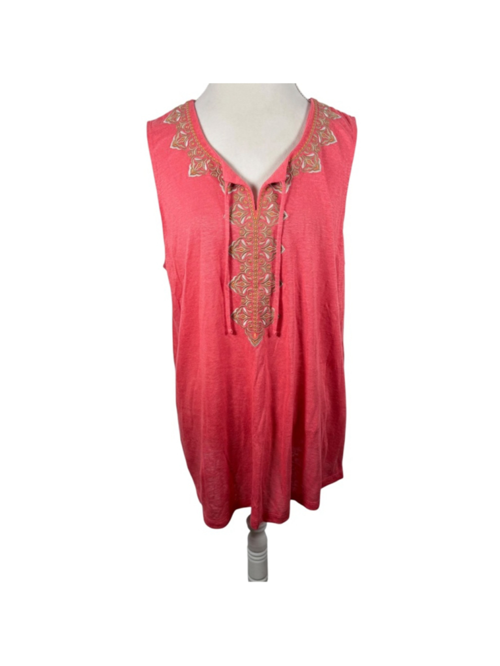 J. Jill Linen Papaya Tunic Top Coral Sleeveless Boho Embroidered Beachy Size XL - Picture 2 of 12